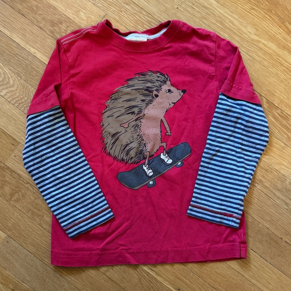 Hanna Andersson Red Long Sleeve Tee with Hedgehog and Stripes